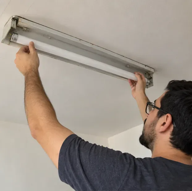 Pessoa retirando cuidadosamente um tubo fluorescente de uma luminária no teto