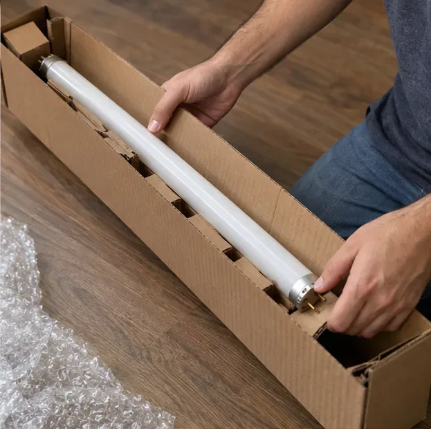 Tubo fluorescente inteiro sendo acomodado em uma caixa de papelão com divisórias