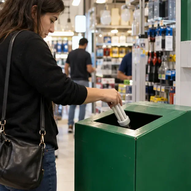 Uma pessoa deposita uma lâmpada fluorescente compacta intacta em uma caixa coletora dedicada dentro de uma loja.