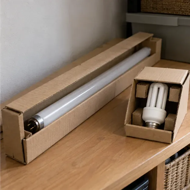 Um tubo fluorescente inteiro dentro de uma embalagem comprida de papelão e uma lâmpada compacta protegida em uma pequena caixa.
