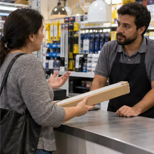Uma cliente conversa com um atendente de loja enquanto segura uma lâmpada tubular intacta protegida em uma embalagem de papelão.