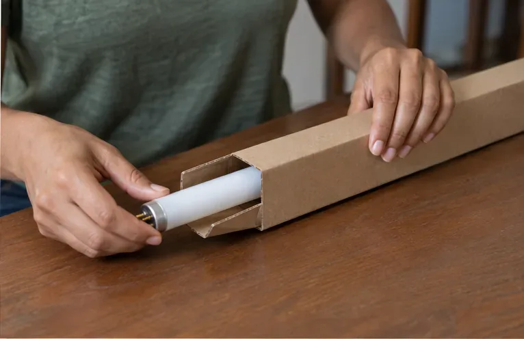 Mãos colocando cuidadosamente uma lâmpada fluorescente tubular dentro de uma proteção de papelão