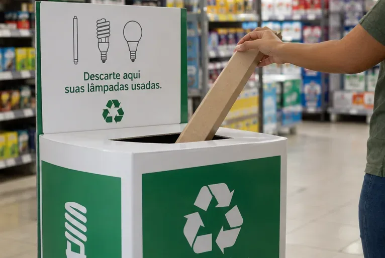 Pessoa colocando uma lâmpada protegida em uma caixa de coleta destinada a lâmpadas usadas dentro de uma loja