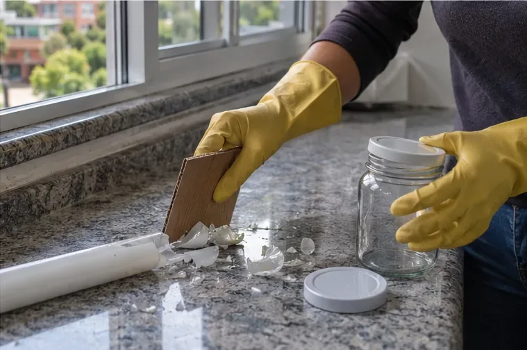 Pessoa usando luvas e um pedaço de papelão para reunir fragmentos de uma lâmpada fluorescente quebrada ao lado de um frasco de vidro com tampa