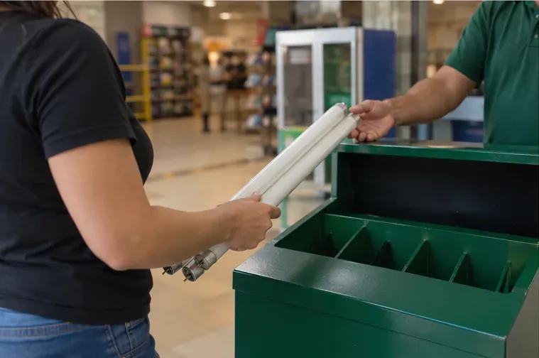 Pessoa entregando lâmpadas fluorescentes tubulares inteiras em um coletor específico dentro de um estabelecimento comercial