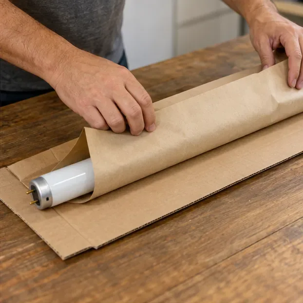 Uma lâmpada fluorescente tubular inteira é envolvida em papel e apoiada sobre papelão para transporte