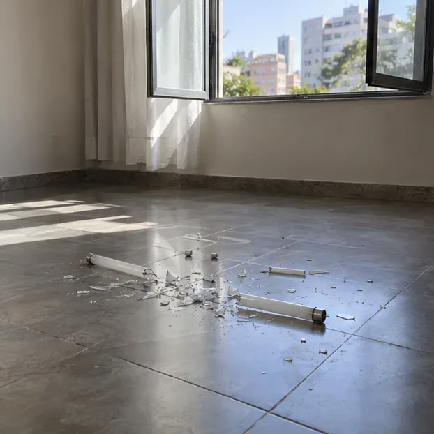 Fragmentos de uma lâmpada fluorescente quebrada estão no chão perto de uma janela aberta em um apartamento vazio.