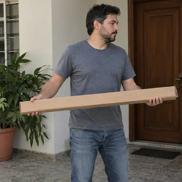 Uma pessoa leva na horizontal um tubo fluorescente protegido dentro de uma embalagem longa de papelão.
