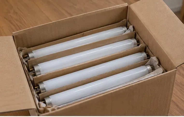Caixa de papelão resistente com várias lâmpadas fluorescentes tubulares separadas por divisórias