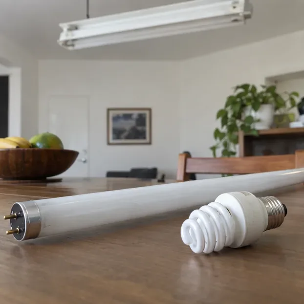 Um tubo fluorescente linear e uma lâmpada fluorescente compacta em espiral sobre uma mesa, separados para descarte.
