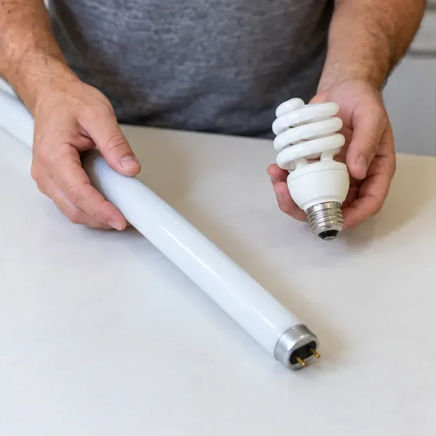 Mãos identificam uma lâmpada fluorescente tubular e uma compacta espiral ainda inteiras sobre uma mesa