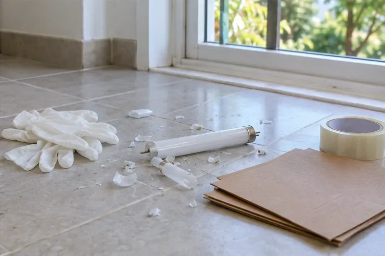 Lâmpada fluorescente tubular quebrada no piso ao lado de luvas, fita adesiva e pedaços de papelão, com janela aberta ao fundo
