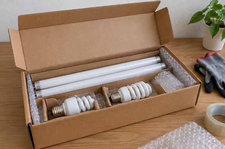 Caixa de papelão com duas lâmpadas fluorescentes tubulares e duas compactas protegidas por divisórias e material de amortecimento