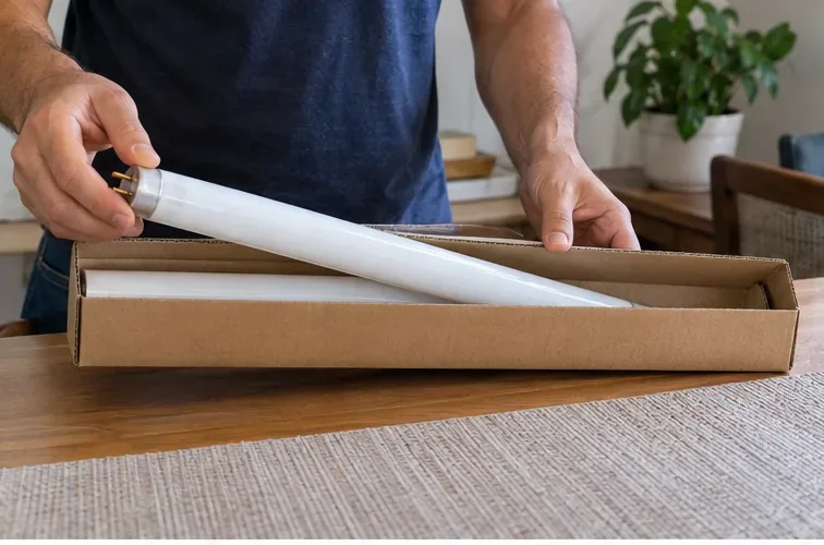 Pessoa colocando uma lâmpada fluorescente tubular intacta em uma caixa de papelão para protegê-la antes do descarte.