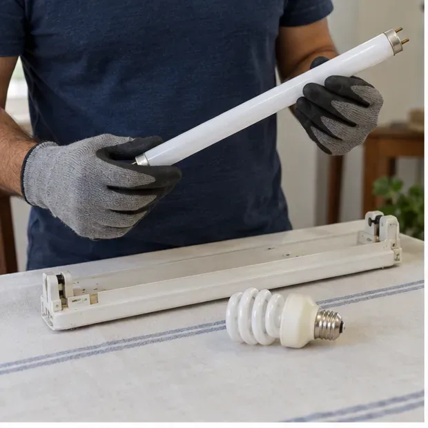 Mãos com luvas seguram uma lâmpada fluorescente tubular intacta sobre uma luminária desligada; uma fluorescente compacta está sobre a mesa.
