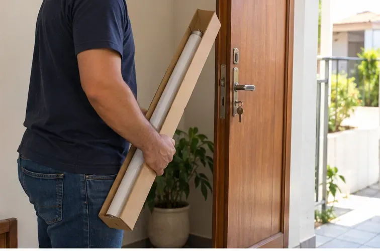 Pessoa saindo de casa com uma lâmpada fluorescente tubular protegida por uma caixa comprida de papelão.