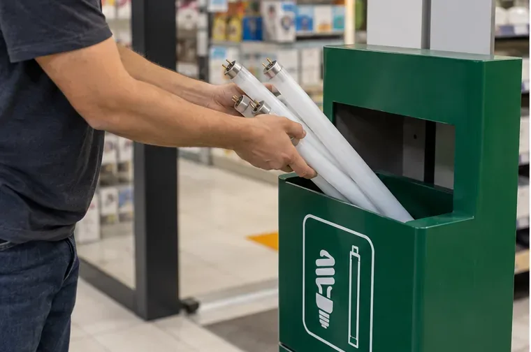 Pessoa colocando lâmpadas fluorescentes tubulares intactas em um coletor verde específico dentro de um estabelecimento comercial