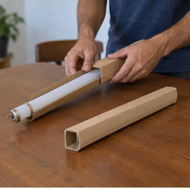 Uma pessoa encaixa cuidadosamente uma lâmpada fluorescente tubular intacta em uma capa de papelão, com outra caixa rígida ao lado.