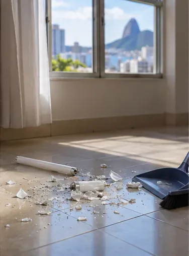 Lâmpada fluorescente quebrada no piso de um cômodo ventilado, com fragmentos de vidro visíveis e utensílios de limpeza ao lado
