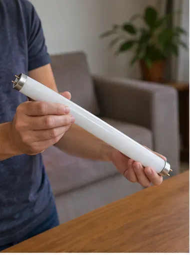Pessoa segurando cuidadosamente uma lâmpada fluorescente tubular inteira sobre uma mesa