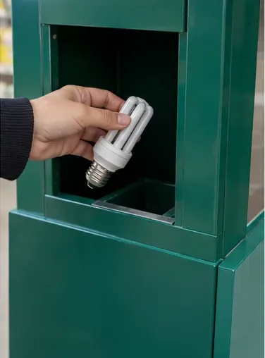Mão depositando uma lâmpada fluorescente compacta em compartimento de um coletor de lâmpadas
