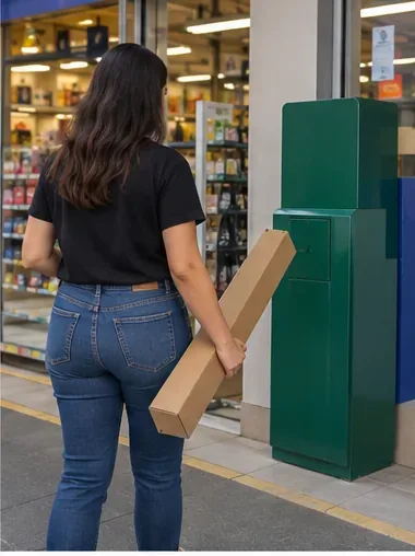 Pessoa chegando a um estabelecimento comercial com uma caixa comprida contendo uma lâmpada fluorescente