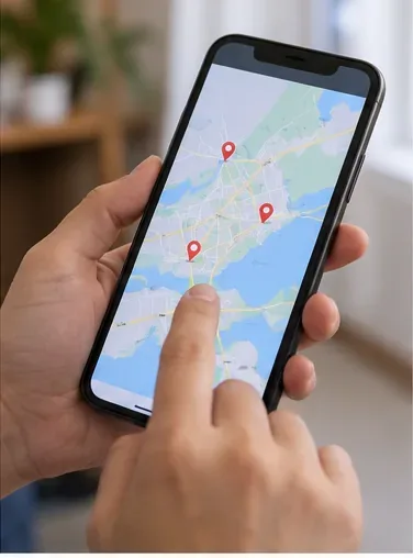 Mãos usando um smartphone com mapa e marcadores de localização para procurar um ponto de entrega