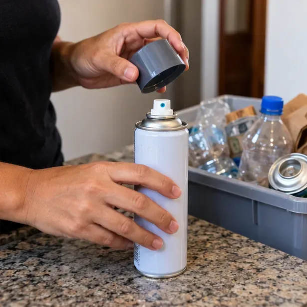 Pessoa removendo apenas a tampa plástica de uma lata de spray, sem mexer na válvula.