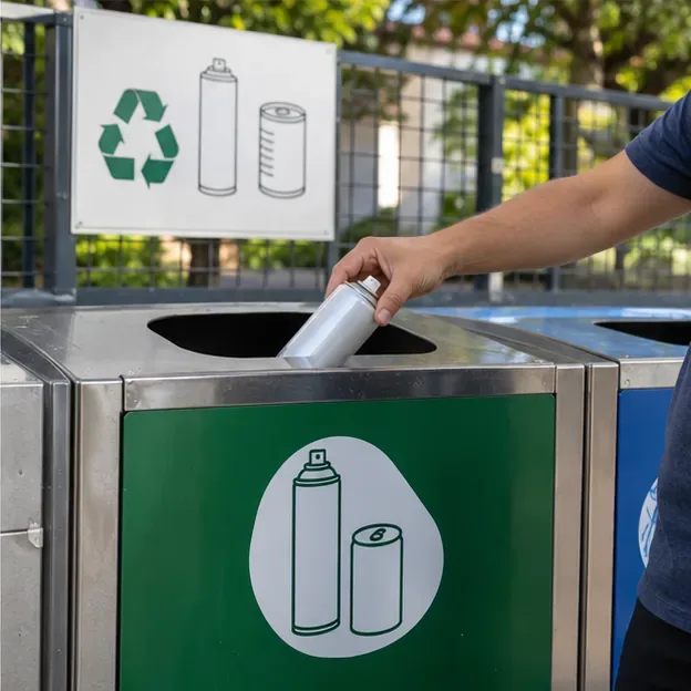 Mão segura uma lata de aerossol intacta sobre um coletor de recicláveis em um ponto de entrega.