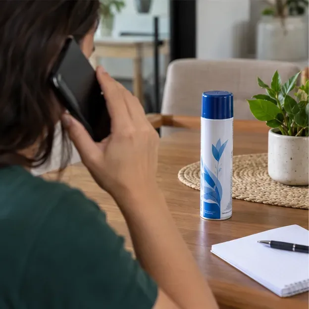 Pessoa consulta o serviço municipal pelo celular enquanto uma lata de spray permanece intacta sobre a mesa.
