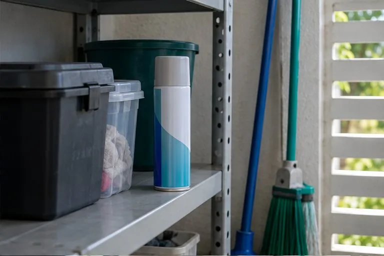 Lata de spray intacta em uma prateleira coberta, separada de outros objetos