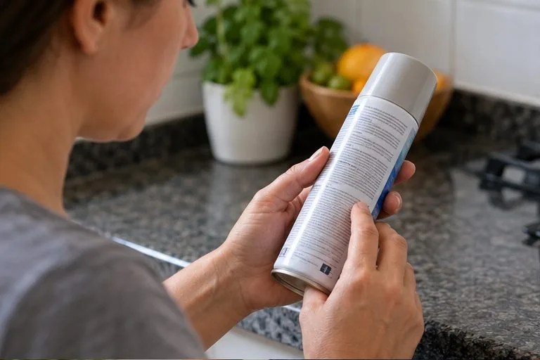 Pessoa lendo as instruções impressas no rótulo de uma lata de spray intacta sobre uma bancada