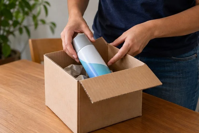 Pessoa acomodando com cuidado uma lata de spray intacta em uma caixa de papelão
