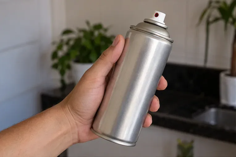 Mão segurando uma lata metálica de spray intacta em ambiente doméstico