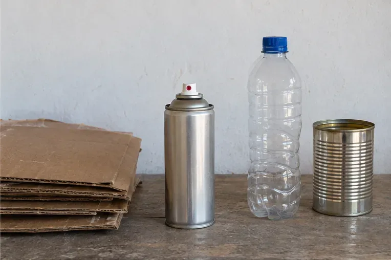 Lata de spray metálica colocada ao lado de papelão, garrafa plástica e lata de aço para separação de recicláveis
