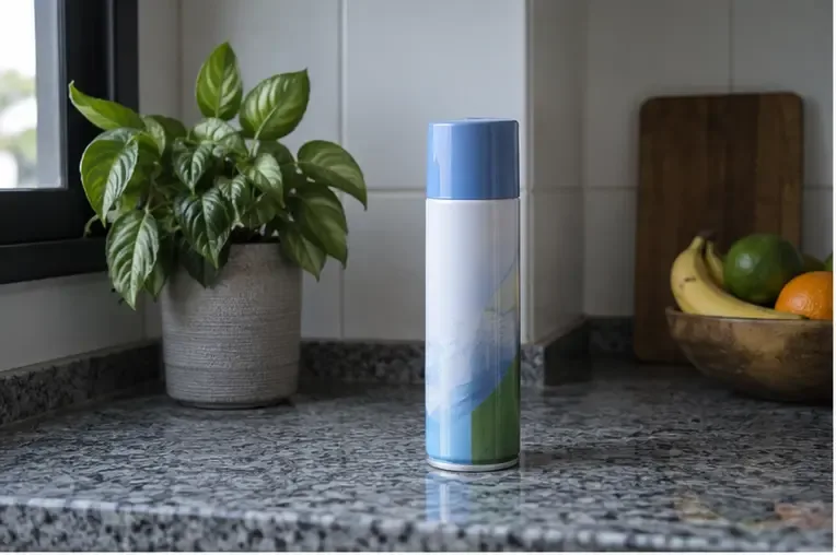Lata de spray com tampa colocada em pé sobre uma bancada, em local fresco e longe de fontes de calor