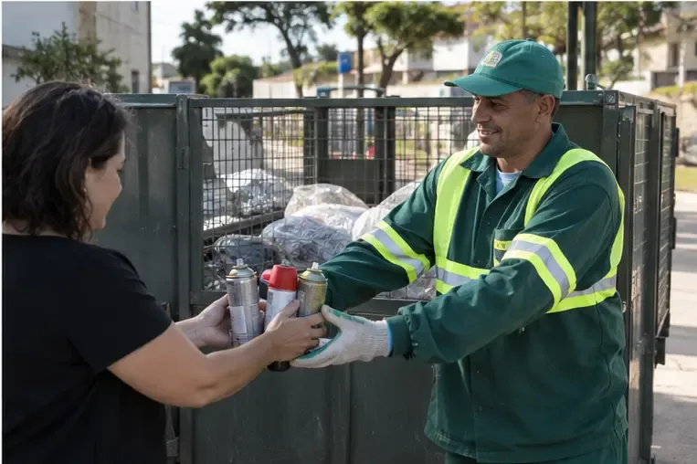 Trabalhador da coleta recebe várias latas de spray em um ponto de encaminhamento de recicláveis