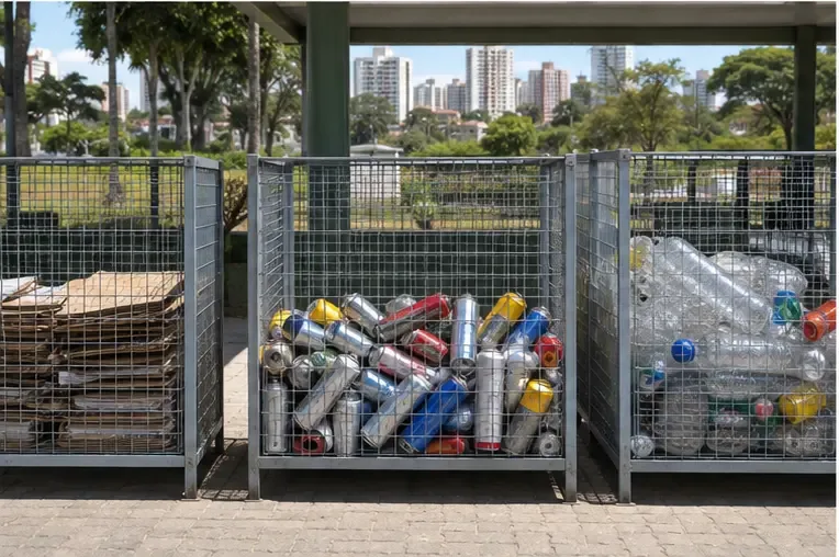 Contêiner metálico para recicláveis com latas de aerossol separadas de papelão e outros materiais