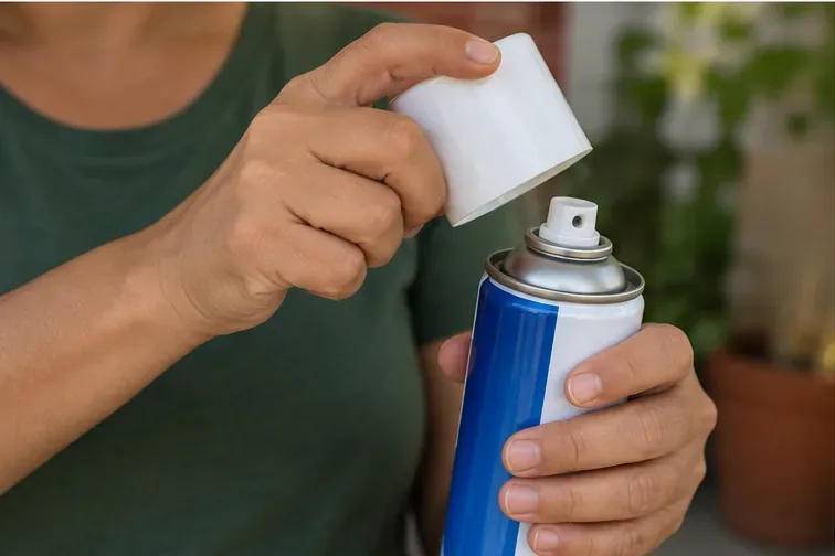 Mão retira a tampa plástica de uma lata de spray sem perfurar nem amassar o recipiente.