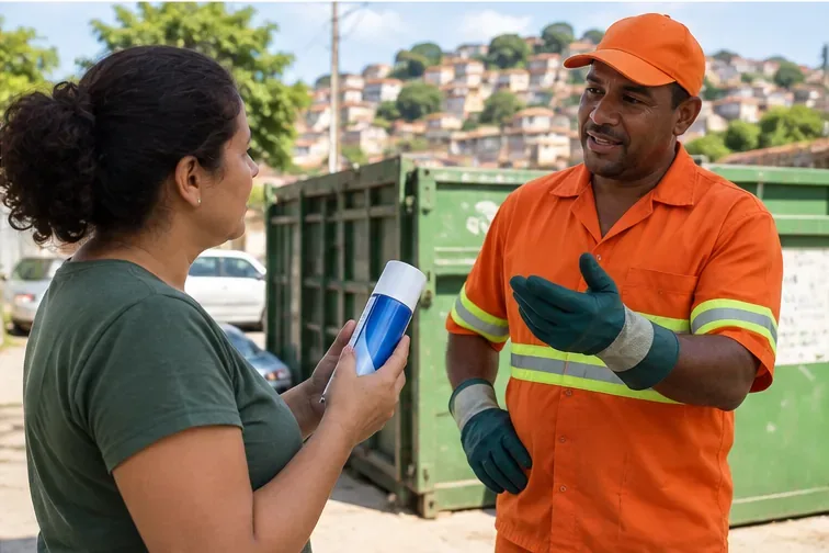 Moradora mostra uma lata de spray intacta a um trabalhador de uniforme em um ponto de atendimento municipal.
