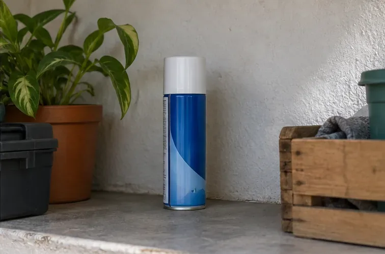 Lata de spray mantida em pé, em local sombreado e afastado de fontes de calor.
