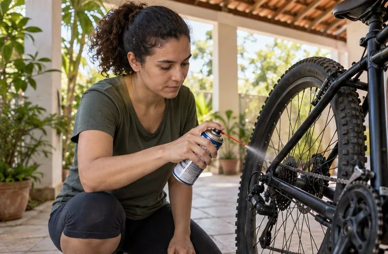 Mulher aplica lubrificante em uma bicicleta ao ar livre; use o aerossol somente conforme o rótulo e longe de fontes de calor.