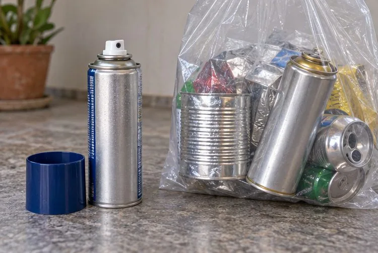 Lata aerossol íntegra ao lado de uma sacola com embalagens metálicas; não fure nem amasse a lata para reciclar.