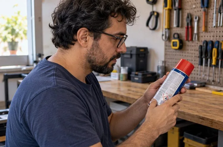 Homem confere o rótulo de uma lata aerossol antes de decidir o descarte; leia as instruções e os alertas do produto.