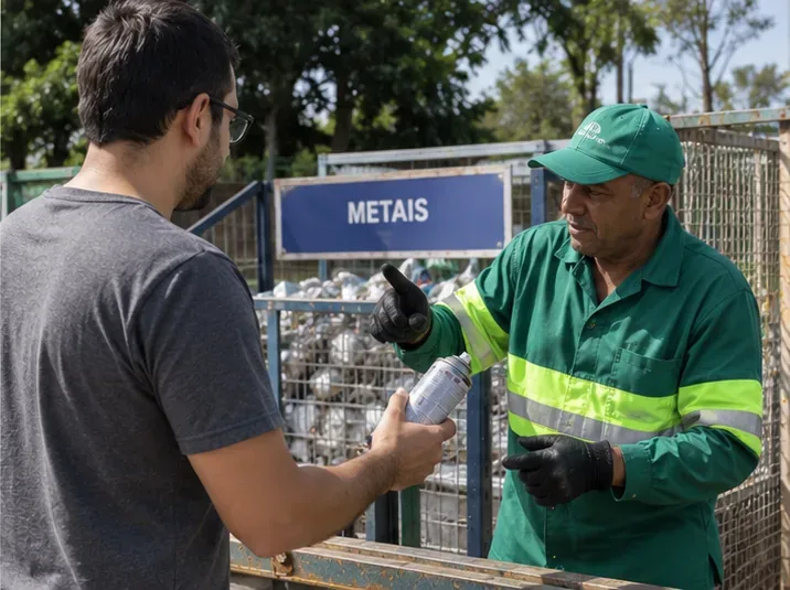 Trabalhador de unidade de reciclagem orientando uma pessoa que entrega uma lata de spray íntegra em uma área sinalizada para metais