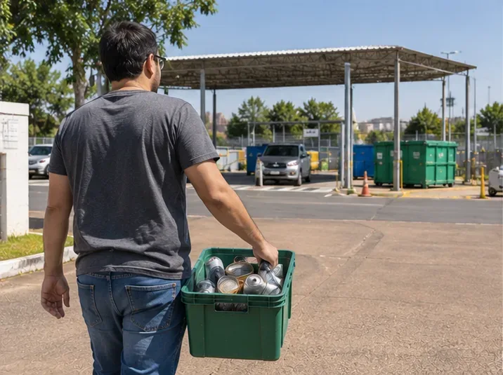 Pessoa levando uma caixa com latas metálicas intactas até uma área de entrega de materiais recicláveis