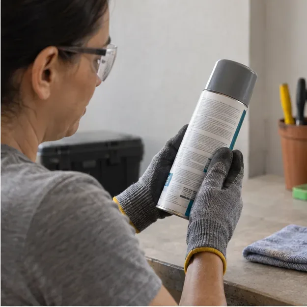 Pessoa usando luvas de proteção enquanto verifica o rótulo de uma lata de spray intacta