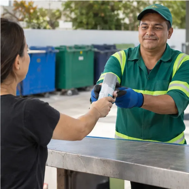 Trabalhador em balcão de recebimento recebe uma lata de spray intacta de uma moradora