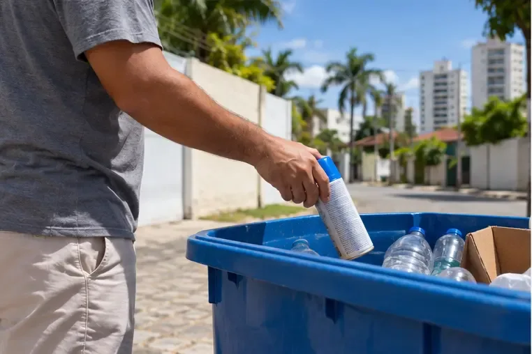 Mão coloca uma lata de aerossol intacta em um recipiente azul com outros recicláveis secos.