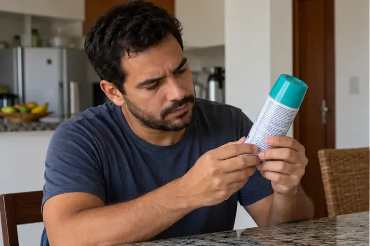 Morador lê o rótulo de uma lata de aerossol intacta antes de decidir como descartá-la.